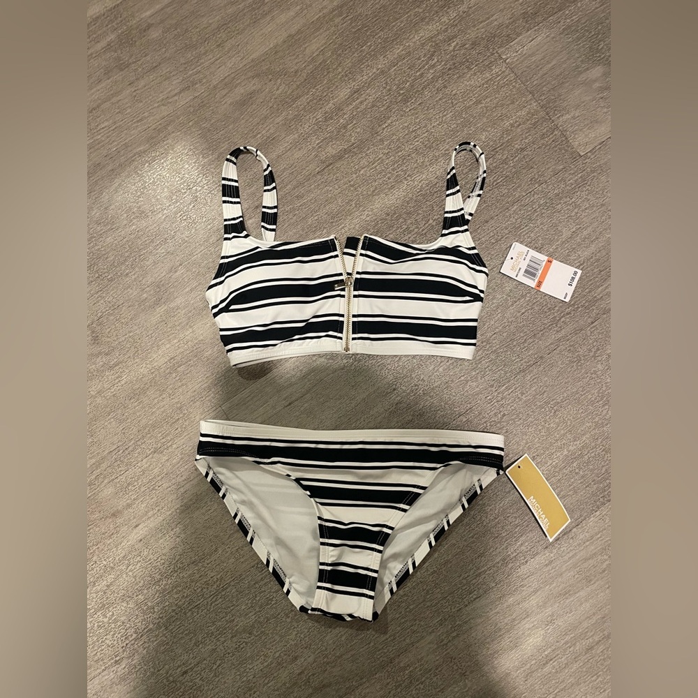 New Michael Michael Kors Stripe Zip Front Bikini set S